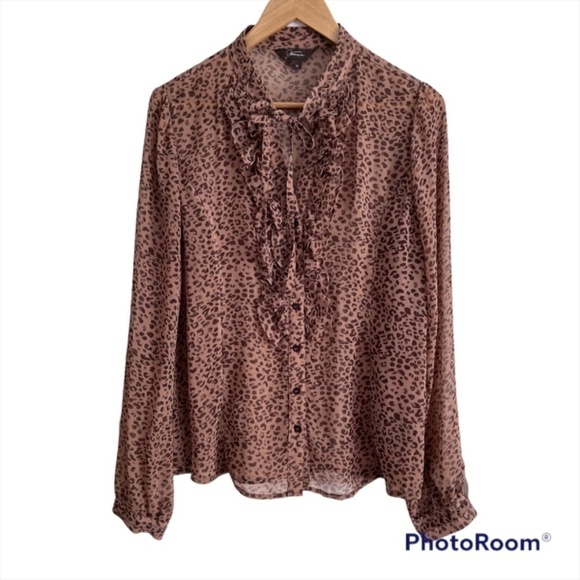 JESSICA Sheer Leopard long sleeve ruffle front, animal print button down Large - Picture 1 of 9